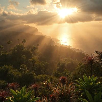 Primary subject: A beautiful sunset over the ocean.

Setting/background: A lush green hillside with palm trees and a picturesque view of the ocean.

Visual style: The image is a photo of the sunset and the surrounding landscape.

Colors and mood: The colors are warm and vibrant, with the sunset creating a serene and peaceful atmosphere.